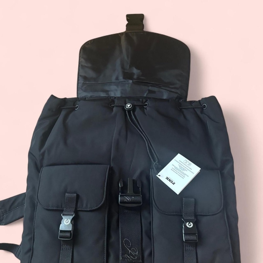 Victoria Secret Pink Black Cargo Backpack with Buckle Straps.